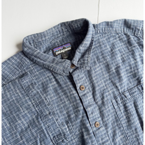 Patagonia Men's Back Step Shirt Sz L Blue Plaid Hemp Organic Cotton Button Up - Picture 2 of 9